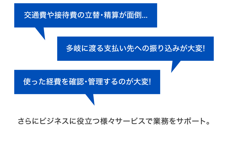 [交通費や接待費の立替・精算が面倒…] [多岐に渡る支払い先への振り込みが大変！] [使った経費を確認・管理するのが大変！] さらにビジネスに役立つ様々サービスで業務をサポート。
